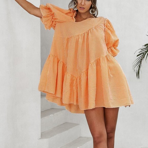 Multicolor Boho Womens Gingham Puff Sleeve Smock Dress - Picture 3 of 7